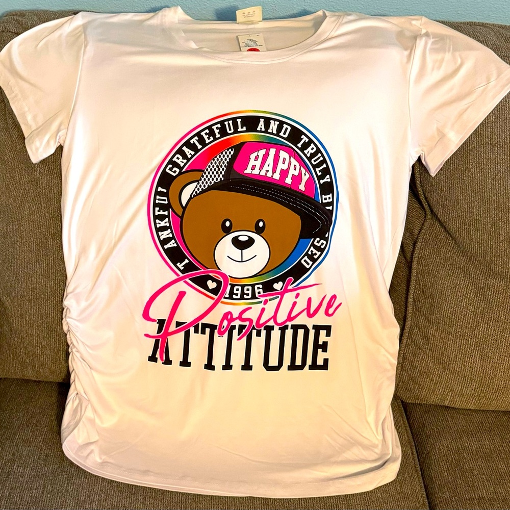 Thankful Grateful Blessed POSITIVE ATTITUDE Bear Shirt Stretchy Top Short Sleeve